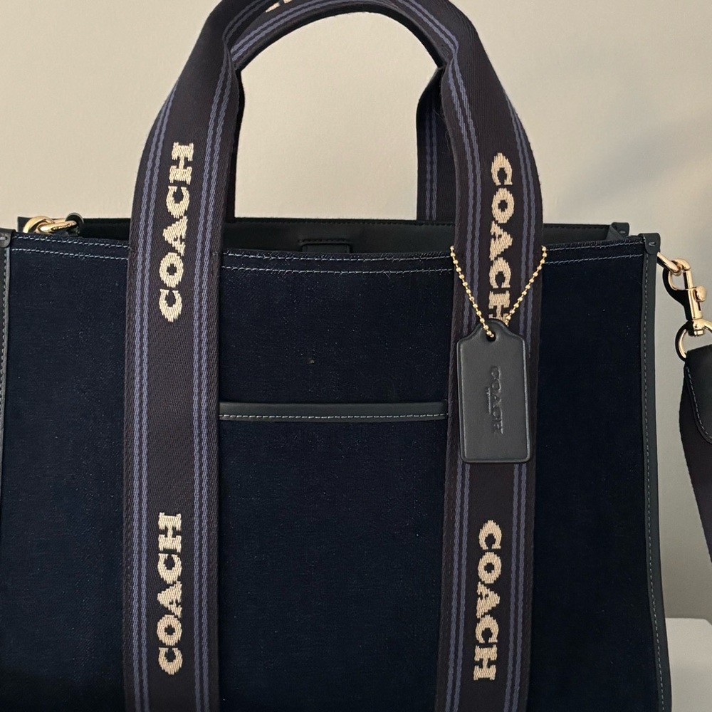 Coach Navy Blue Canvas Tote with Striped Handles - Picture 7 of 16